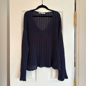 Zara Navy Open-Knit Linen Blend V-Neck Sweater